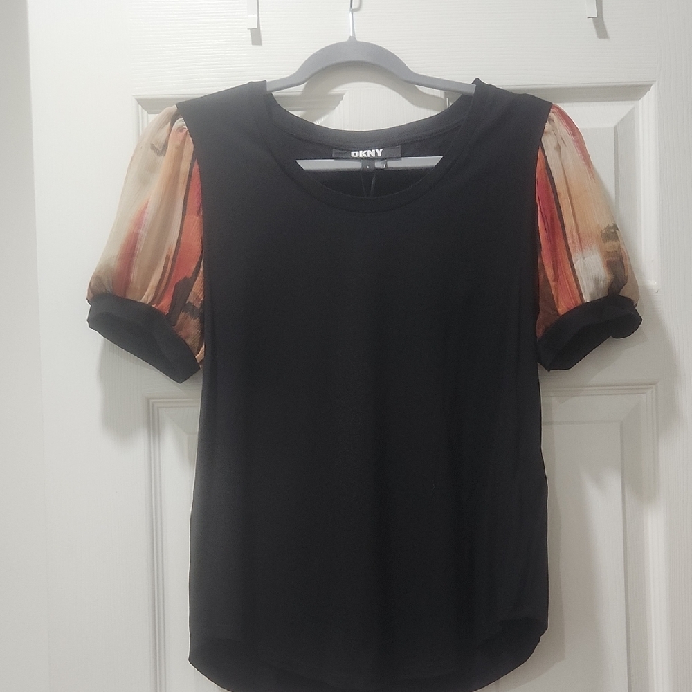 DKNY Black and Pink Puff Sleeve Blouse
